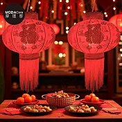 摩達客◉春節開運招財◉65x80cm年節元宵金線大紅燈籠吊飾2入組+50LED電池燈+USB(暖白光)*2