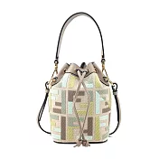FENDI Mon Tresor 拼色FF刺繡帆布迷你水桶包 米色