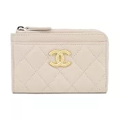 CHANEL 經典雙C復古LOGO 菱格紋牛皮拉鍊零錢包名片夾(白色)