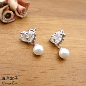 愛心鋯石垂墜貝珠珍珠S999純銀耳環.貼耳耳環.外鍍專櫃級正白K