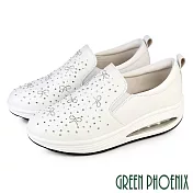【GREEN PHOENIX】女 休閒鞋 健走鞋 懶人鞋 氣墊 水鑽 彈力 紓壓 真皮 EU37 白色