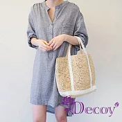 【Decoy】棉麻條紋 V領五分袖寬鬆襯衫連身裙/灰色