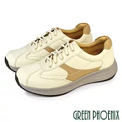 【GREEN PHOENIX】男 休閒鞋 休閒皮鞋 真皮 撞色 厚底 綁帶 吸震減壓 台灣製 EU39 米色