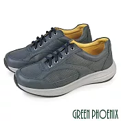 【GREEN PHOENIX】男 休閒鞋 休閒皮鞋 真皮 素面 厚底 綁帶 吸震減壓 台灣製 EU39 藍色