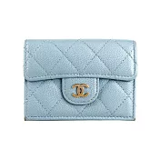 CHANEL 銀釦Logo 菱格紋荔枝牛皮雙釦三折短夾_展示品 (寶寶藍)