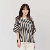 好我_Lora荷葉袖圓領直條印花寬版上衣 FREE 棕黑條