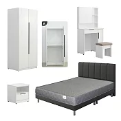 IDEA-歐文現代皮革雙人五尺寢室雪白六件組(多組可選.運費另計) 深灰色床組/雙桿衣櫃(無抽屜)