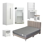 IDEA-歐文現代皮革雙人五尺寢室雪白六件組(多組可選.運費另計) 淺棕色床組/雙桿衣櫃(無抽屜)