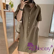 【Decoy】復古棉麻 POLO領短袖直筒連身裙/軍綠