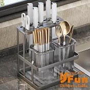 【iSFun】簡約生活 免打孔壁掛廚房餐具收納瀝水架/黑色雙筒+刀架