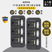 2入組-KINYO 3P3開3多插頭分接器/分接式插座 (GI-333) 高溫斷電- 黑色2入