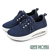 【GREEN PHOENIX】女 休閒鞋 氣墊鞋 厚底 襪套 飛編 綁帶 顯瘦 EU35 藍色