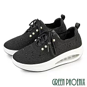 【GREEN PHOENIX】女 休閒鞋 氣墊鞋 厚底 襪套 飛編 綁帶 顯瘦 EU35 黑色