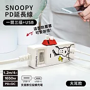 【正版授權】SNOOPY史努比 一開三插PD+QC延長線1.2M(附紅屋造型防塵塞) 大耳款