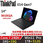 ★全面升級★【Lenovo】聯想 ThinkPad E14 Gen7 14吋 三年保固 Core 7 240H/W11P 16G+16G/1TB+512G 黑