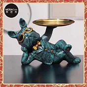 摩達客◉開運招財◉帥氣墨鏡狗法鬥牛犬頂托盤擺飾-藍綠復古色款-聚寶盆糖.果.收納 時尚藝術 事業開店禮品
