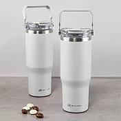 【伴佳家】陶瓷雙飲提提杯 直飲/吸管兩用 海霧灰