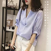 【BJ COLLECTION】日系時尚立領細條紋襯衫上衣BJC30005 FREE 藍色