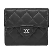 CHANEL經典雙C金屬菱格紋小羊皮翻蓋三折短夾 黑色