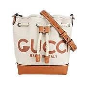 GUCCI Logo 標誌帆布及皮革迷你水桶包 (米色/棕色)