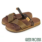 【GREEN PHOENIX】女 涼鞋 拖鞋 全真皮 兩穿 手工 平底 台灣製 EU36 深綠色