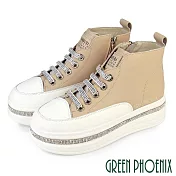 【GREEN PHOENIX】女 休閒鞋 休閒靴 鬆糕 厚底 真皮 免綁帶 側拉鍊 JP23 杏色
