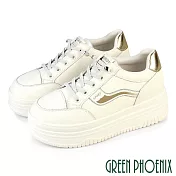 【GREEN PHOENIX】女 休閒鞋 小白鞋 厚底 輕量 真皮 免綁帶 直套式 EU35 金色