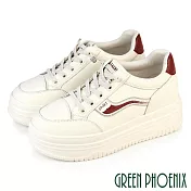 【GREEN PHOENIX】女 休閒鞋 小白鞋 厚底 輕量 真皮 免綁帶 直套式 EU35 紅色