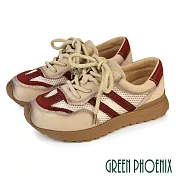 【GREEN PHOENIX】女 休閒鞋 厚底鞋 復古 仿舊 真皮 綁帶 JP22.5 紅色