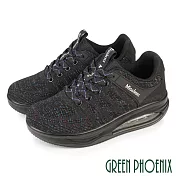 【GREEN PHOENIX】女 休閒鞋 氣墊鞋 厚底 飛編網布 綁帶 顯瘦 EU35 全黑色