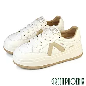 【GREEN PHOENIX】女 休閒鞋 小白鞋 真皮 綁帶 輕量 厚底 JP25 米色