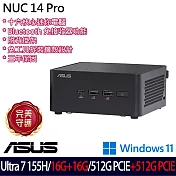 ★全面升級★ASUS 華碩 RNUC14RVHU7068A9I AI迷你桌上型電腦 (Ultra 7 155H/16G+16G/512G+512G/W11/3年保)