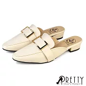 【Pretty】女 穆勒鞋 包頭拖鞋 懶人拖鞋 跟鞋 尖頭 粗跟 JP23 米色