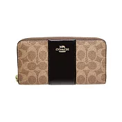 COACH 條紋拼接皮革拉鍊皮夾-卡其黑