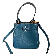 Tory burch 荔枝紋皮革水桶包-藍綠
