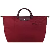 LONGCHAMP LE PLIAGE GREEN系列刺繡短把再生尼龍摺疊旅行袋(大) 紅石榴