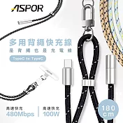 ASPOR多用背繩100W快充傳輸線Type C to Type C(A078) 巧克黑鑽