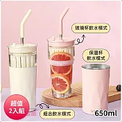 DOLEE 炫彩玻璃不鏽鋼隨行杯650ml附吸管(顏色隨機出貨) W81 超值2入組