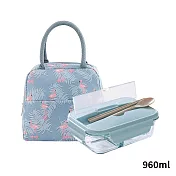 DOLEE 保溫袋三分隔玻璃保鮮盒組960ml附餐具(顏色隨機出貨) GS18