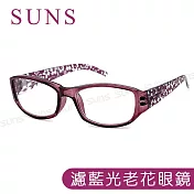 MIT濾藍光老花眼鏡 花漾紫花膠框 高硬度耐磨鏡片 配戴清晰 100度