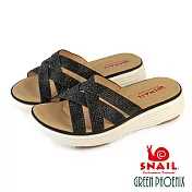 【SNAIL蝸牛】女 拖鞋 休閒拖鞋 厚底 超輕量 交叉 水鑽 彈力 EU35 黑色