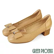 【GREEN PHOENIX】女 跟鞋 包鞋 粗跟 真皮 方頭 蝴蝶結 OL 通勤 面試 EU34 杏色