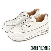 【GREEN PHOENIX】女 休閒鞋 厚底鞋 懶人鞋 真皮 氣墊 輕量 免綁鞋帶 顯瘦 JP23 白色