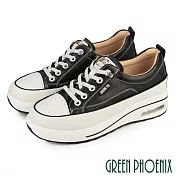 【GREEN PHOENIX】女 休閒鞋 厚底鞋 懶人鞋 真皮 氣墊 輕量 免綁鞋帶 顯瘦 JP23 黑色