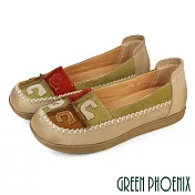 【GREEN PHOENIX】女 包鞋 便鞋 平底鞋 全真皮 寬楦 磨砂 復古 EU36 米色