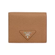 PRADA 縫線三角Logo 牛皮二折零錢袋短夾 (焦糖色)