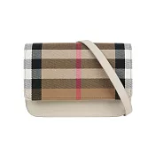 BURBERRY Madison 格紋帆布及皮革手拿包/斜背包 (石灰白)