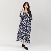 好我_Kelly小V領拋袖長洋裝 FREE 丈青印花