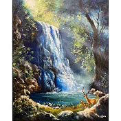 【玲廊滿藝】曾啟文-飛瀑茂林 雙鹿財聚50x40cm