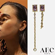 AEC PARIS 巴黎品牌 祖母綠切割粉紫色單鑽耳環 簡約金鍊耳環 Studs Bala Rectangle